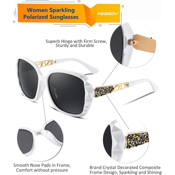 Women's White Crystal Square Sunglasses Sparkling Composite Shiny Frame Design - Picture 5 of 8